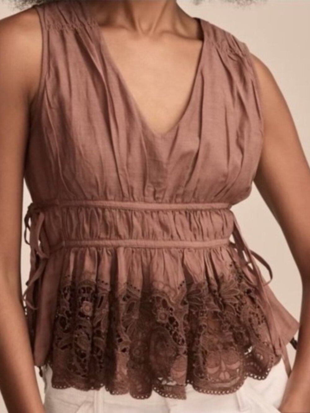 Lucky Brand Lace Ruched Brown Tank Top